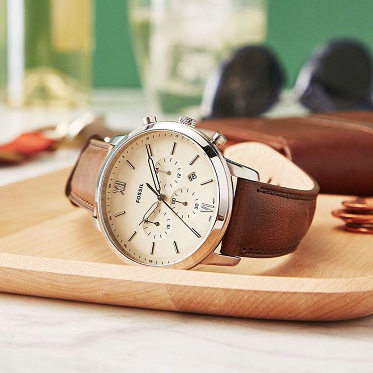 mens leather watches fossil