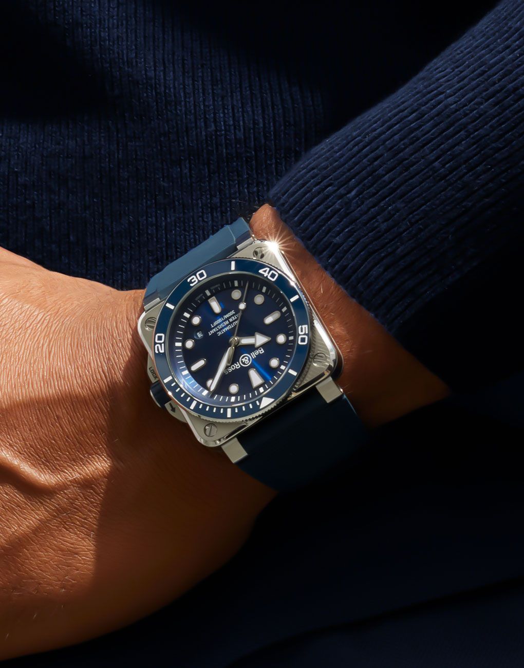 Bell & Ross BR 03 Diver Black Steel Dive watches steel watches blue dial square watches