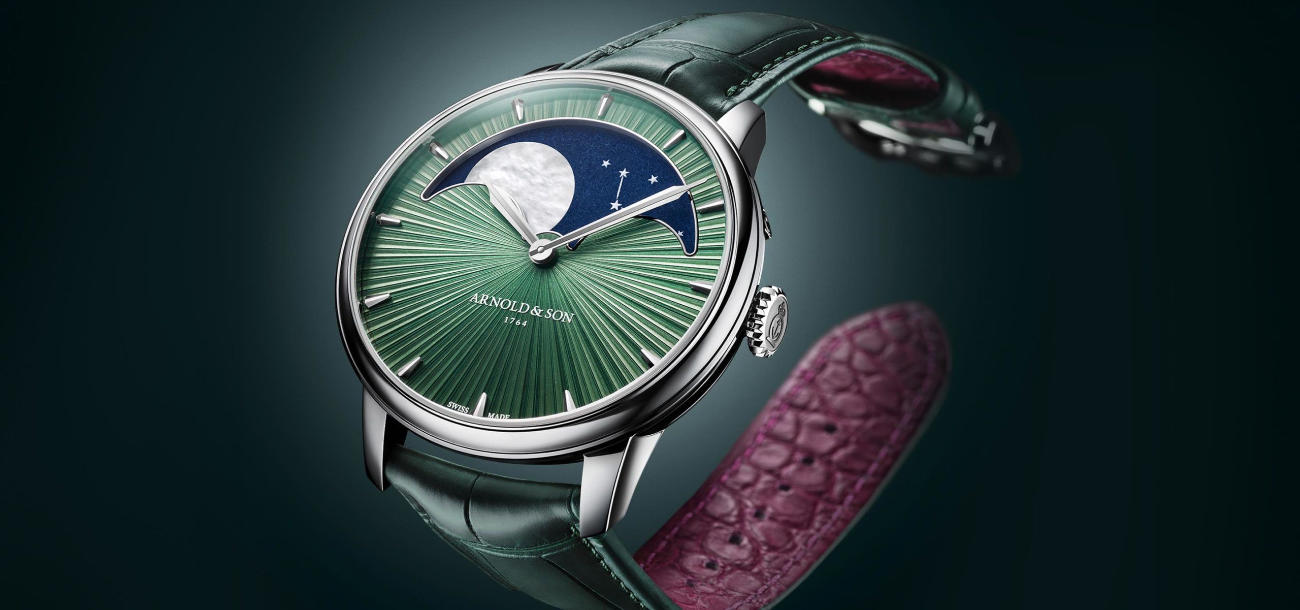 Give Me The Moon And Stars With Stellar Rays And Fern: Arnold & Son Perpetual Moon 41.5 Platinum Fern Green